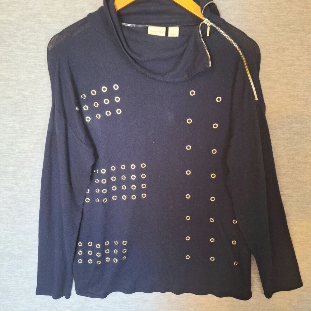 Chicos Zenergy Autumn Embellished Top Blouse Womens Cowl Neck Long Sleeve Edgy